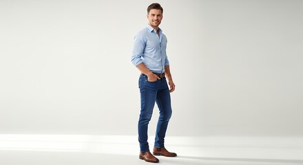 A smiling, attractive man stands confidently in a full-length shot against a bright, clean, minimalist studio background. Dressed in a stylish light blue button-up shirt, classic blue jeans, and fashi