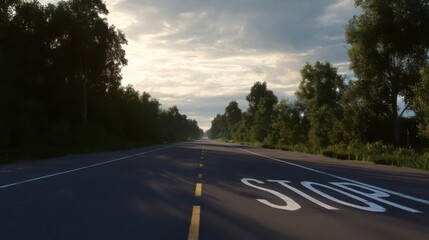 Fototapeta premium A long road stretches into the distance surrounded by trees with a STOP marking visible on the pavement.