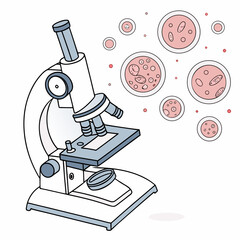 A stylized illustration of a laboratory microscope focused on petri dishes containing various microscopic cells and organisms in a scientific research setting