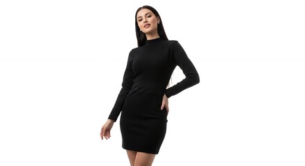 A sophisticated young woman with long dark hair exudes confidence and elegance, captured in a full-length portrait. Dressed in a chic black, form-fitting, long-sleeved dress, she strikes a graceful po