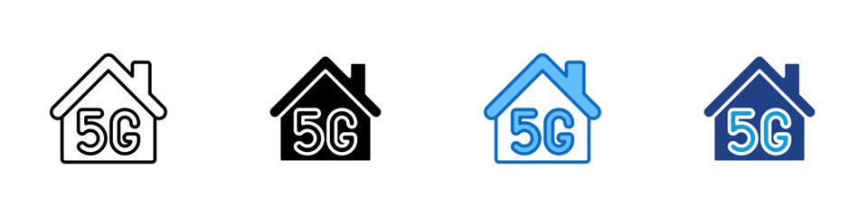 Smart Home 5G Multiple Style Icon Design Vector - house with 5G symbol showing high speed internet, smart living, and connected home technology
