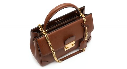 A sophisticated, luxurious brown handbag crafted with a pebbled texture, exuding timeless elegance. This fashion accessory features a sturdy top handle, a gleaming gold-colored chain strap, and a prom