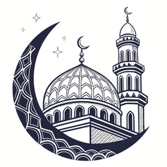 Stylized islamic mosque with a crescent moon and stars in a decorative circular frame representing islamic culture and religious symbols