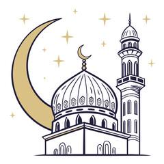 Stylized islamic mosque silhouette with crescent moon and golden stars against a white background for ramadan and eid celebrations