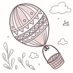 Whimsical hand drawn hot air balloon with a woven basket and decorative patterns floating in a pastel sky with clouds and a bird