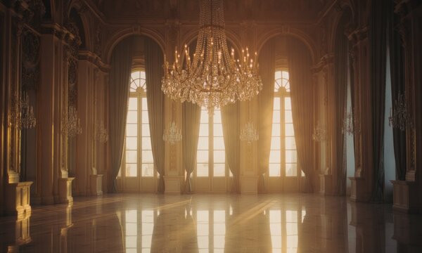 Golden, palatial ballroom, lit by sunlight streaming through large windows and ornate chandeliers