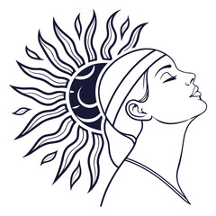 Stylized line art illustration of a woman with her eyes closed and head tilted back merging with a radiant sun and crescent moon motif