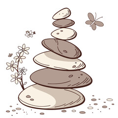 Zen stone stack with delicate flowers and a whimsical butterfly creating a peaceful and balanced natural scene