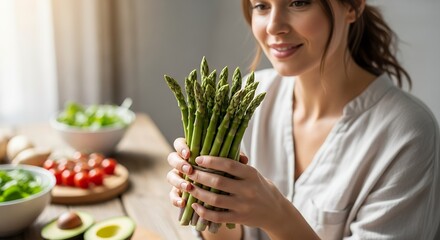 A vibrant, close-up image captures a smiling individual holding a fresh, green bunch of asparagus, radiating a sense of health and natural living. Warm natural light bathes the scene, accentuating the