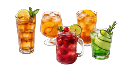Five vibrant iced drinks with fruit and herb garnishes, against a black background