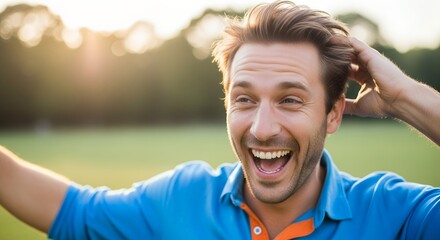 A vibrant, close-up portrait captures a healthy adult man in a moment of pure joy and hearty laughter, illuminated by warm, golden hour sunlight. His authentic, enthusiastic expression radiates positi