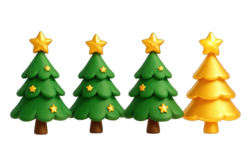 Four cute stylized 3D rendered trees, three green and one golden, each topped with a star