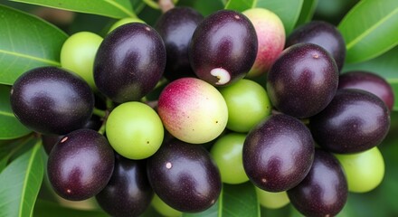 A vibrant close-up shot reveals a lush cluster of small, round fruits, presenting a rich spectrum of colors from deep, dark purple to bright lime green, with several displaying delicate pink and yello