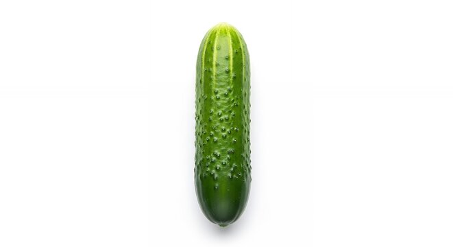 A vibrant, fresh green cucumber is meticulously presented on a clean white background, creating a bright and wholesome visual. This high-key studio shot emphasizes the natural texture and rich, verdan