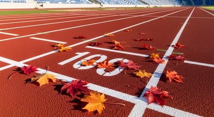A vibrant red running track, marked with crisp white lane lines and the prominent number "100", is beautifully adorned with a scattering of colorful autumn leaves in rich shades of red, orange, and ye