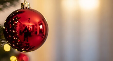 A vibrant red, spherical decorative ornament hangs prominently on the rich green needles of a festive tree branch. Its glossy surface beautifully reflects warm, glowing bokeh lights and a cozy, softly