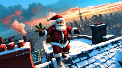 A santa claus is flying over a city in the snow - Powered by Adobe