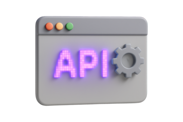 Glossy 3D icon software browser window with glowing 'API' text and a gear symbol