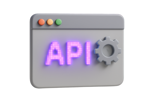 Glossy 3D icon software browser window with glowing 'API' text and a gear symbol