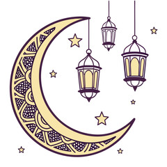 Decorative crescent moon with intricate patterns and hanging lanterns surrounded by small stars symbolizing islamic holidays and celebrations © Ferdou