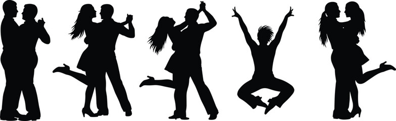 Dance silhouette vector, couple dancing poses, energetic movement, romantic lift, ballroom illustration, black figures, expressive choreography, white background, stock art, celebration