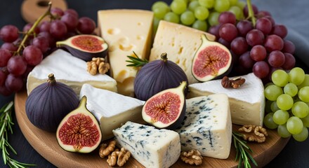 A visually rich and enticing gourmet spread showcasing an abundant variety of cheeses, fresh fruits, and nuts. The arrangement features creamy white-rind cheeses, robust blue cheese, and a firm, hole-