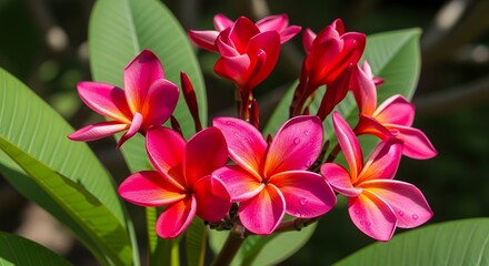 A vivid close-up captures a cluster of tropical flowers, featuring radiant pink and deep red petals that subtly blend into warm yellow and orange centers. Delicate water droplets cling to some petals,