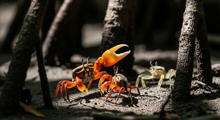 A vivid close-up showcases a gathering of unique crabs on the damp, textured ground amidst the robust roots of coastal vegetation. The scene is bathed in dramatic natural light, casting intriguing sha