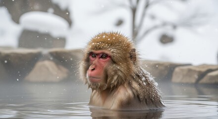 A wild primate relaxes in a steaming natural pool as snow falls. Its fur glistens with flakes, showcasing tranquil winter wildlife. A beautiful scene of natural adaptation and resilience in a cold env