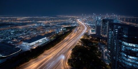 Obraz premium Vibrant night cityscape with illuminated skyline and busy highway