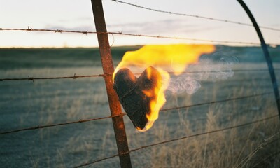 Heart-shaped object aflame, suspended on a rusty barbed-wire fence; rural landscape