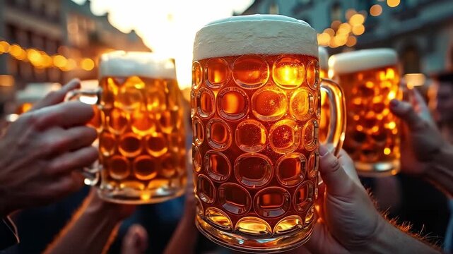 A group of people holding up beer mugs in the air