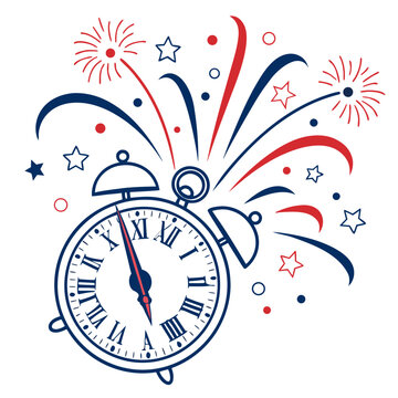 Retro alarm clock with roman numerals and festive red and blue fireworks exploding with stars and dots celebrating a special moment