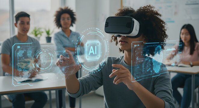 Immersive VR learning experience with artificial intelligence for future tech education in a collaborative classroom environment, showcasing modern innovation