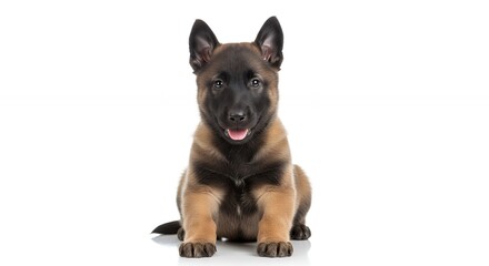 An adorable young canine sits attentively, gazing directly forward with bright, intelligent eyes. Its beautiful fur displays a captivating blend of warm tan and dark sable tones, highlighting its aler