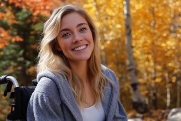 Fototapeta premium Young caucasian female enjoying autumn scenery in forest setting