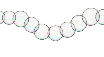 Iridescent, translucent bubbles form a delicate, curving garland against a black background