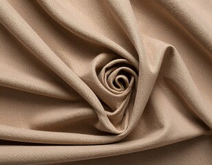 Textured shot of a swirling, tan fabric. The close-up reveals folds and a central, rose-like formation, with details illuminated by soft lighting