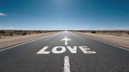 A long straight road stretches into the distance under a clear blue sky,