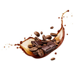 Dynamic coffee splashes with coffee beans and a broken chocolate bar in motion on a transparent background. Generative AI