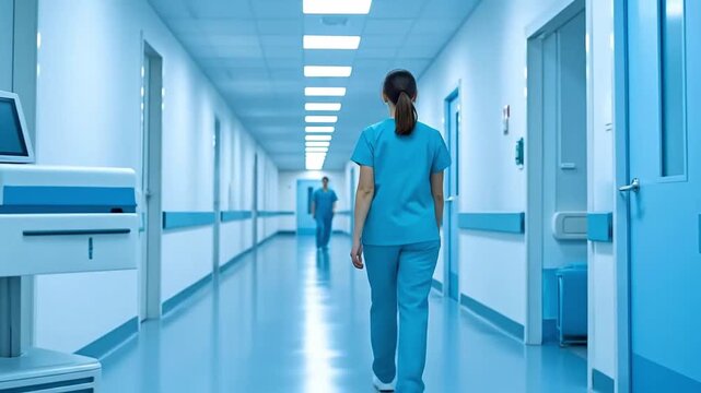 Healthcare professional in blue scrubs walks down a long, sterile hospital corridor with cool blue lighting, depicting modern medical facility oper...