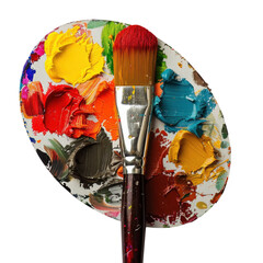 Colorful paint palette with brush resting on top, showcasing a variety of vivid hues perfect for artistic expression