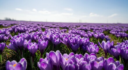 An expansive field of vibrant purple spring blossoms stretches towards the horizon under a clear, bright sky. Delicate dew drops glisten on the petals in the gentle sunlight, signaling new beginnings 