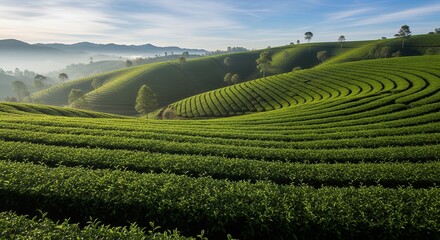 An expansive and serene landscape unfolds with vibrant green terraced fields winding gracefully across rolling hills under a clear blue sky. Bathed in soft morning light, the meticulously cultivated r