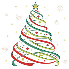Festive christmas tree made of swirling red and green ribbons adorned with ornaments and stars against a white background with snowflakes