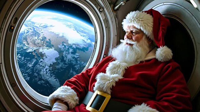 A man dressed as Santa Claus looking out of a window at the earth