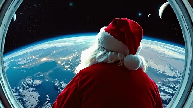 A santa claus sitting in a space station looking out the window of a spaceship