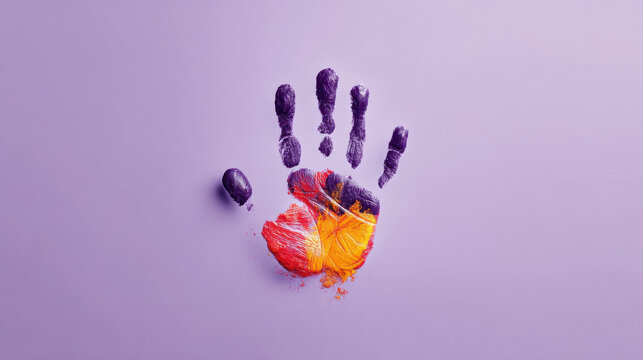 Fingerprint hand illustration on a purple background. A colorful handprint with a fingerprint design is displayed on a purple backdrop, symbolizing digital security and data protection.