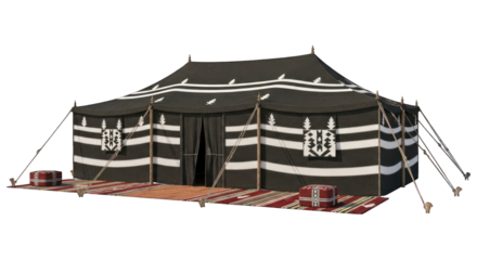 Large traditional dark tent with white patterns, ropes, ground rugs, cushions
