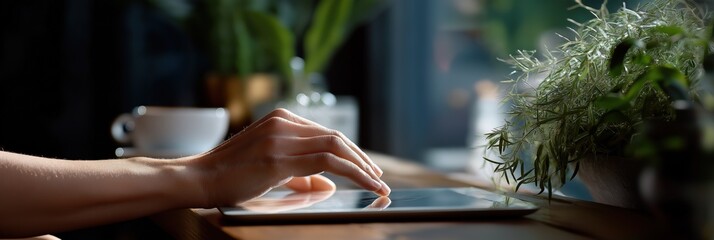 Caucasian female using tablet in sunlit café with greenery and coffee cup